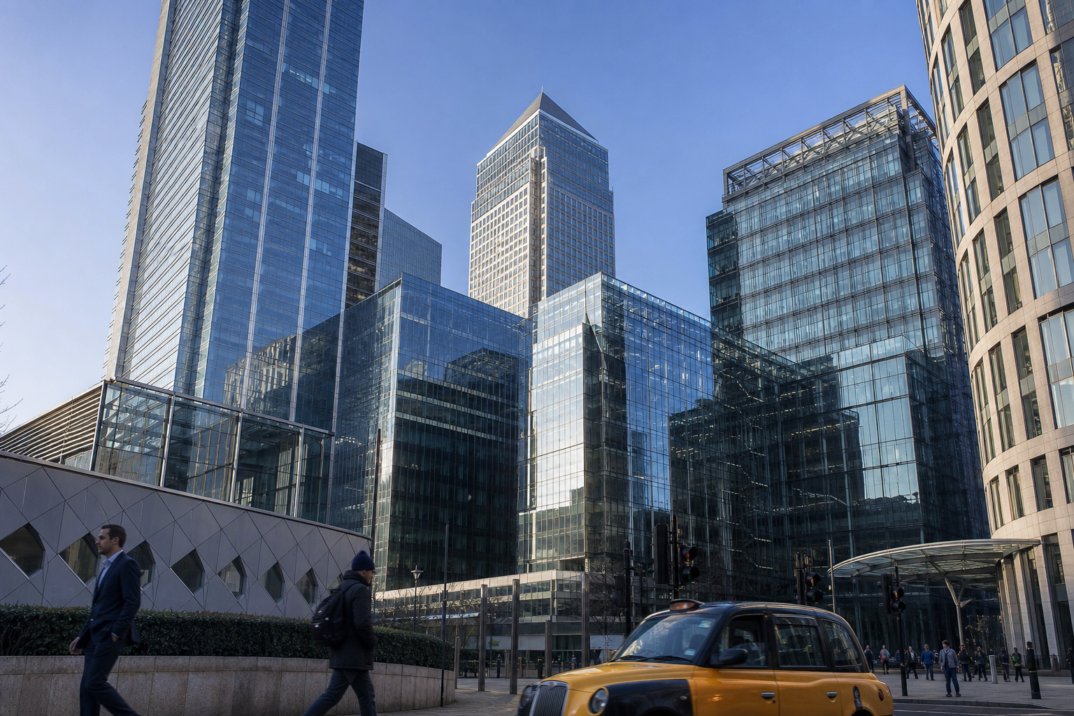 Glass office towers in a financial district, photographed from street level on a clear morning